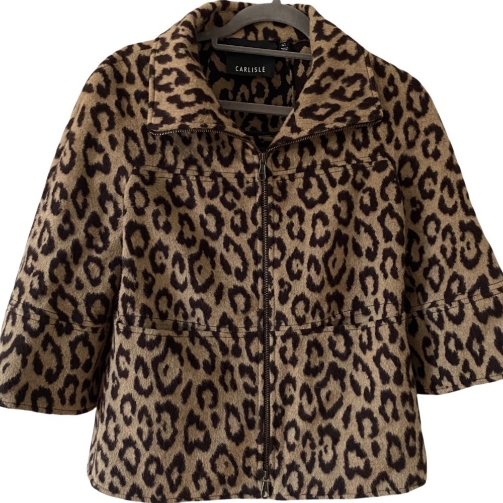 Carlisle Leopard Print Wool Angora Zip Front Jacket